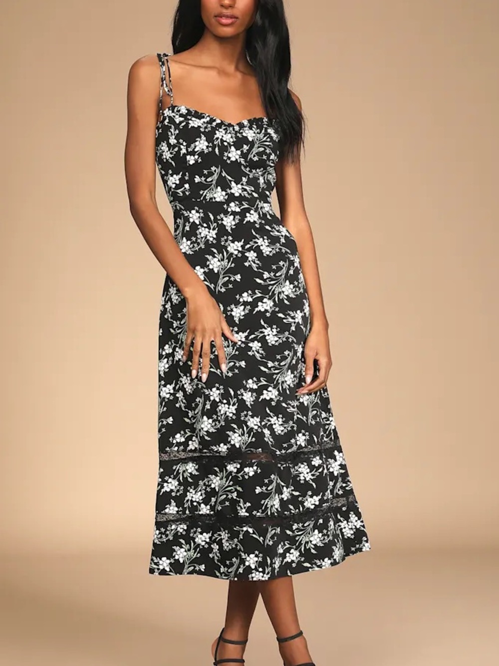 Lulus See the Blooms Black Floral Print Tie-Strap Midi Dress